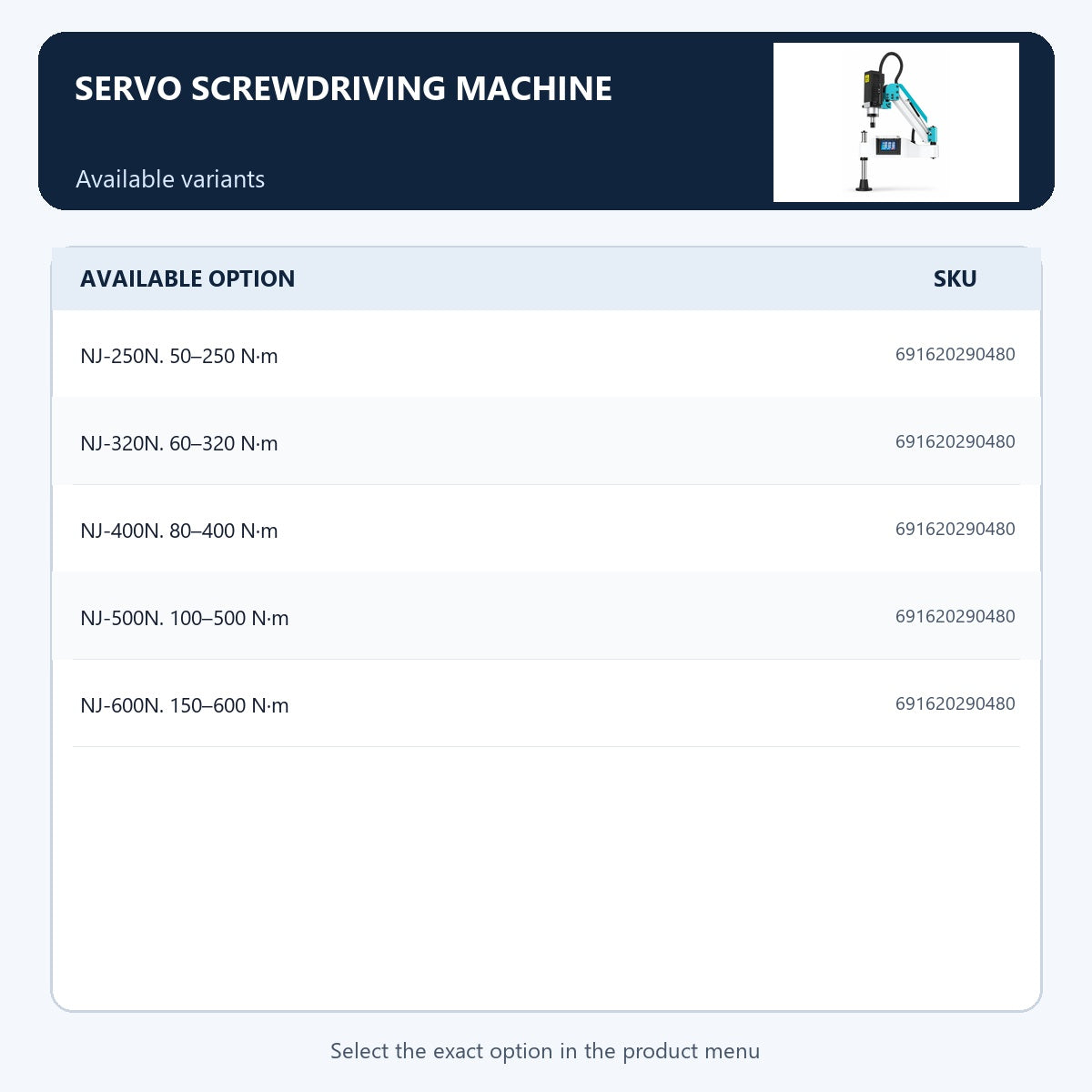 Servo screwdriving machine — Available variants