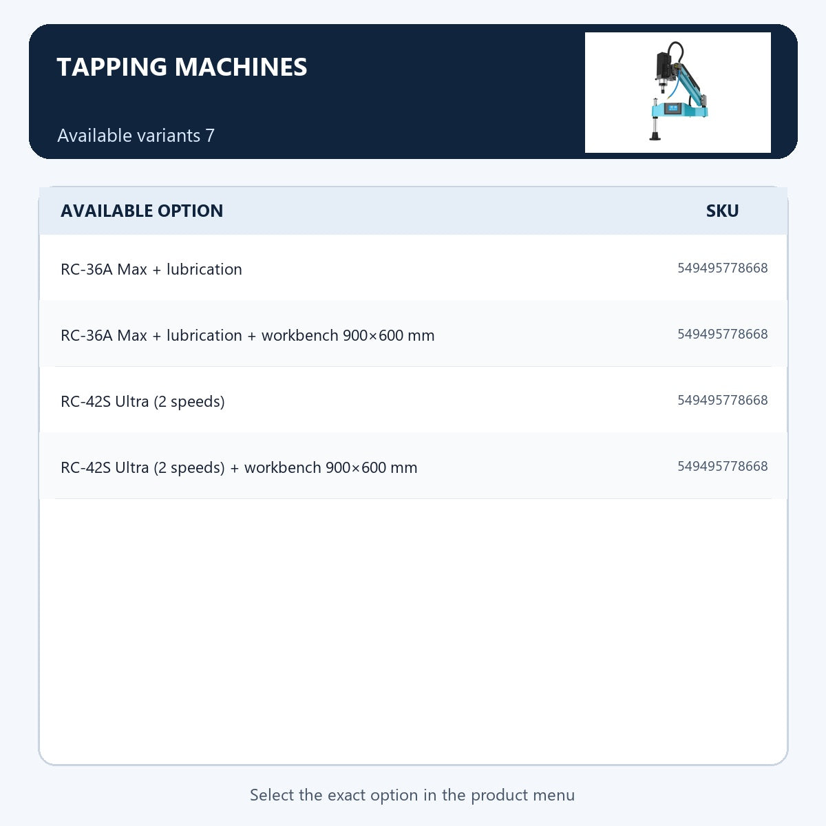Tapping machines — Available variants 7