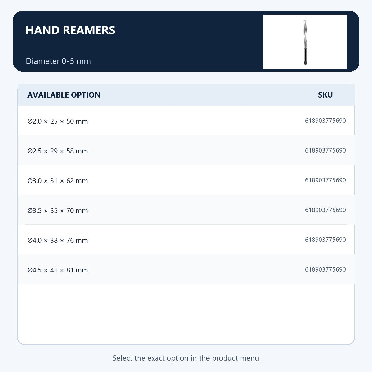 Hand reamers — Diameter 0-5 mm