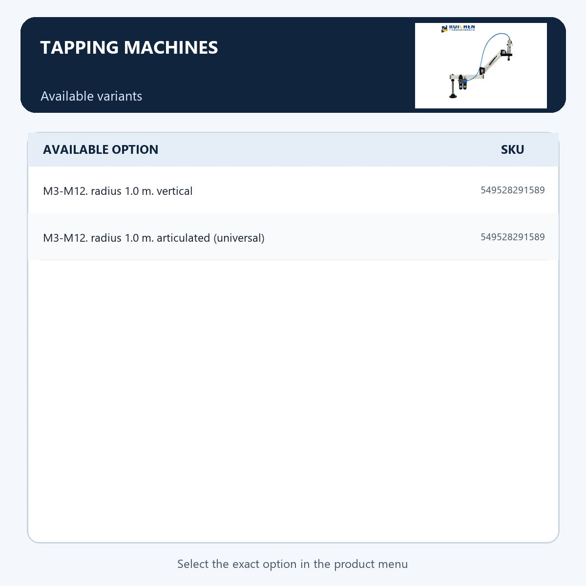 Tapping machines — Available variants