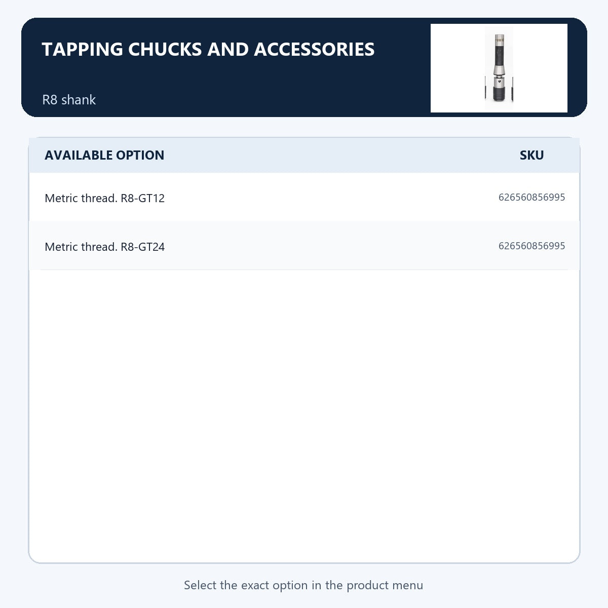 Tapping chucks and accessories — R8 shank