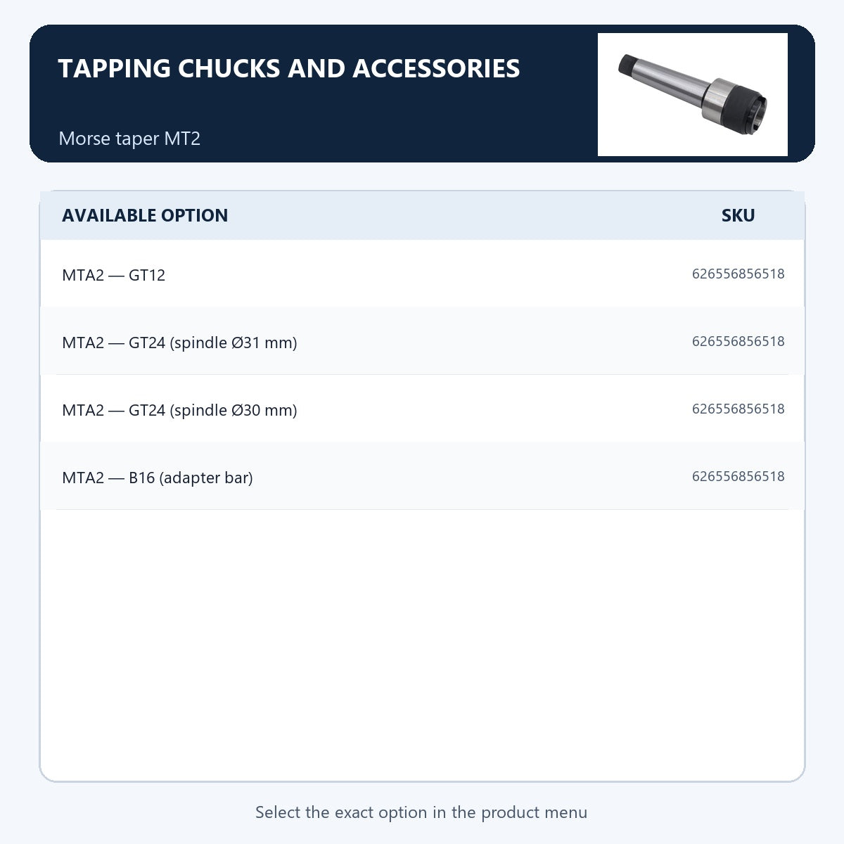 Tapping chucks and accessories — Morse taper MT2