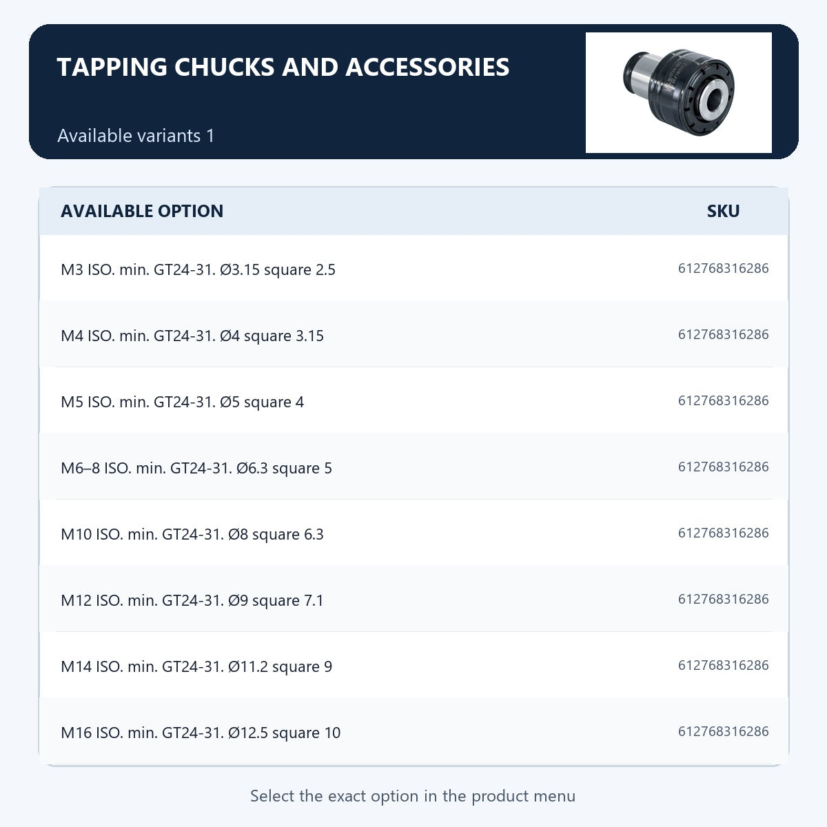 Tapping chucks and accessories — Available variants 1