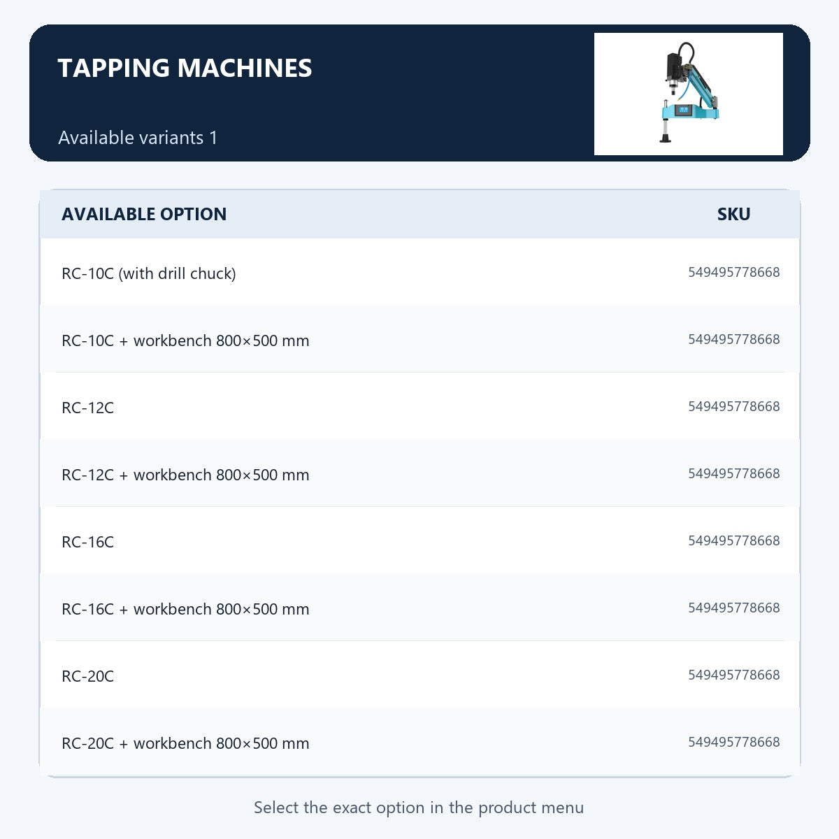 Tapping machines — Available variants 1