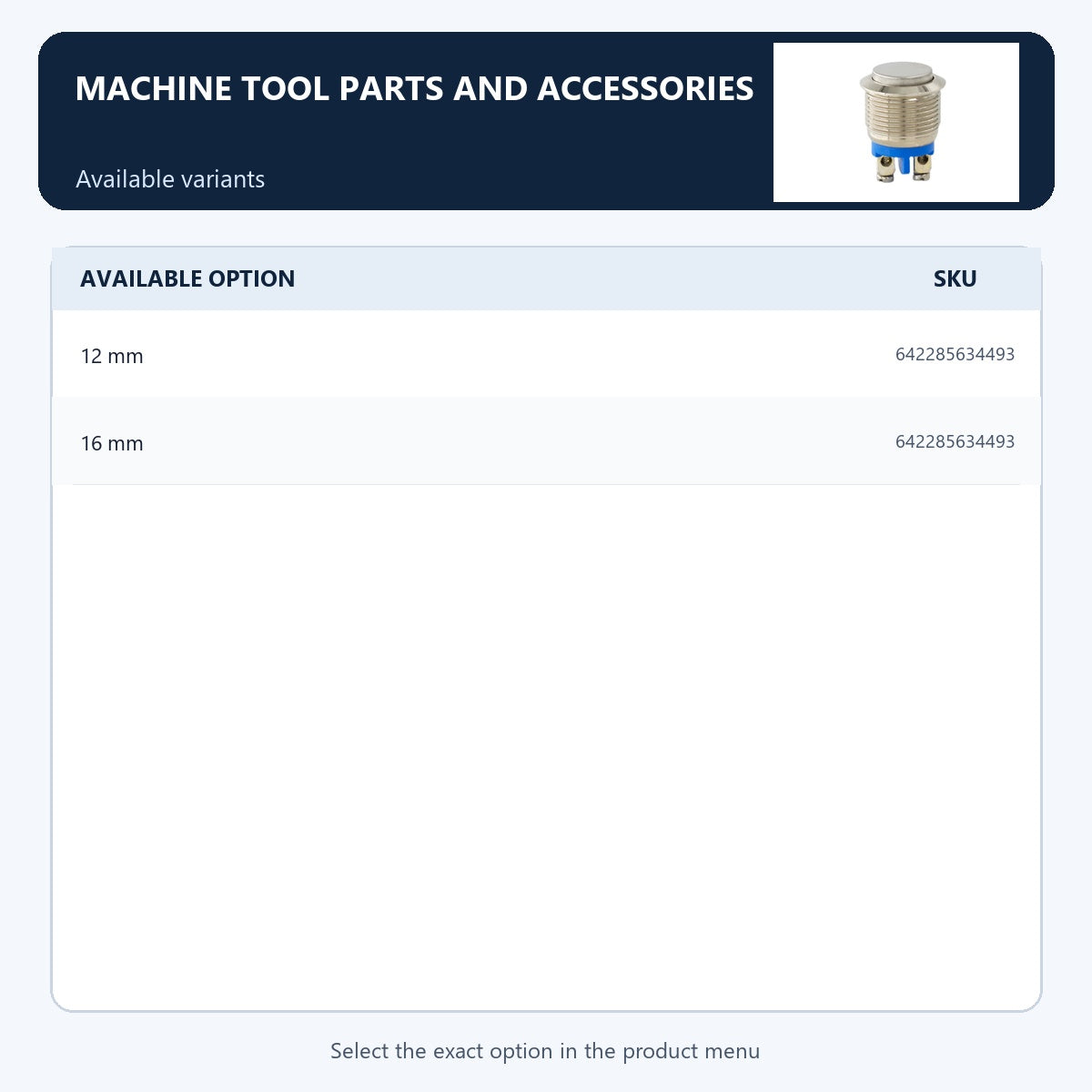 Machine tool parts and accessories — Available variants