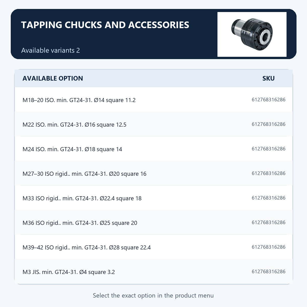 Tapping chucks and accessories — Available variants 2