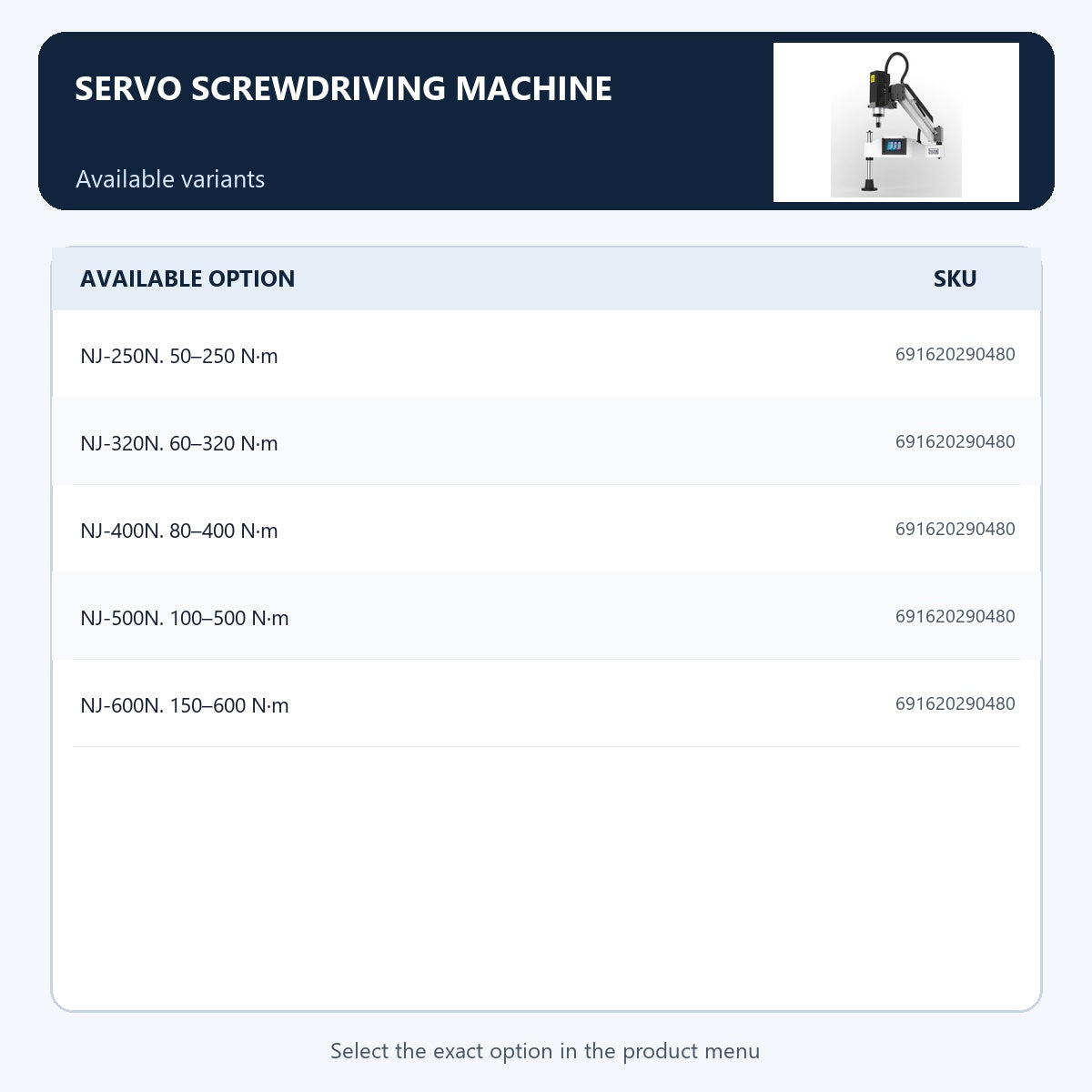Servo screwdriving machine — Available variants