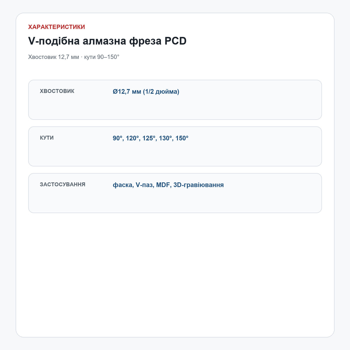 V-подібна алмазна фреза PCD, хвостовик 12,7 мм — характеристики