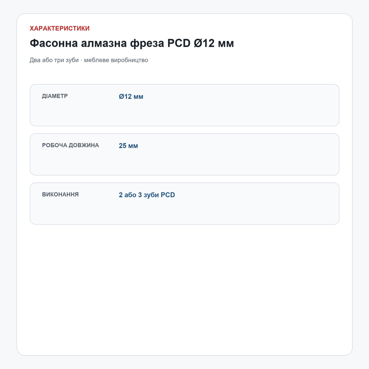 Фасонна алмазна фреза PCD Ø12 мм, 2 або 3 зуби — характеристики