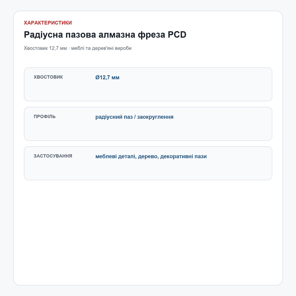 Радіусна пазова алмазна фреза PCD, хвостовик 12,7 мм — характеристики