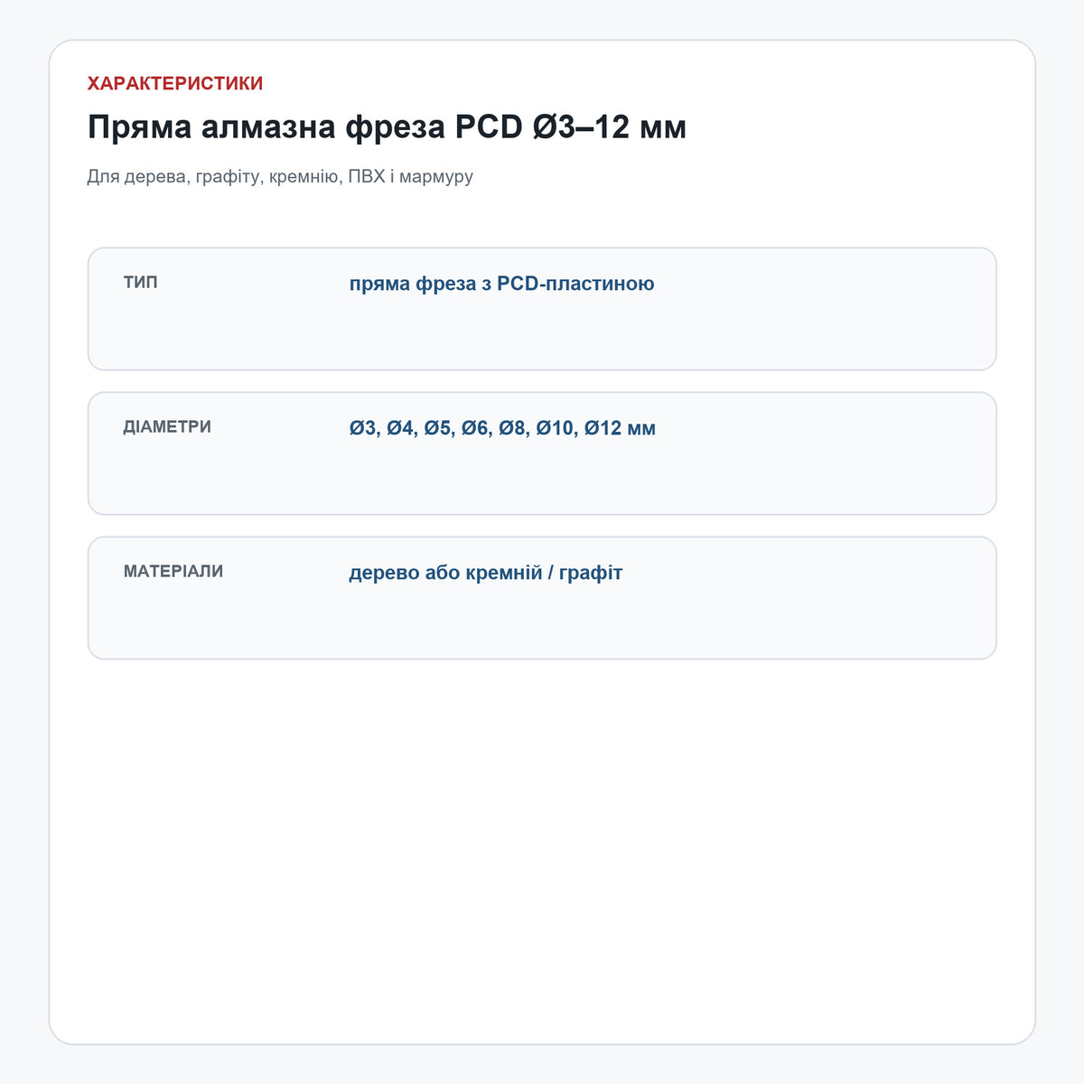 Пряма алмазна фреза PCD Ø3–12 мм для дерева та графіту — характеристики