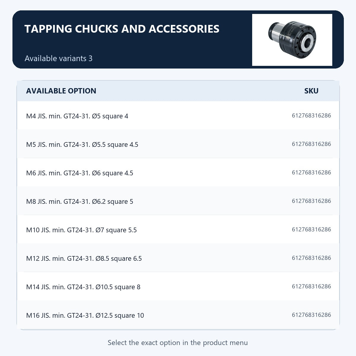 Tapping chucks and accessories — Available variants 3