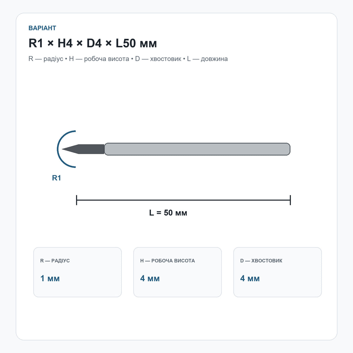 Ball Nose фреза R1 H4 D4 L50 мм