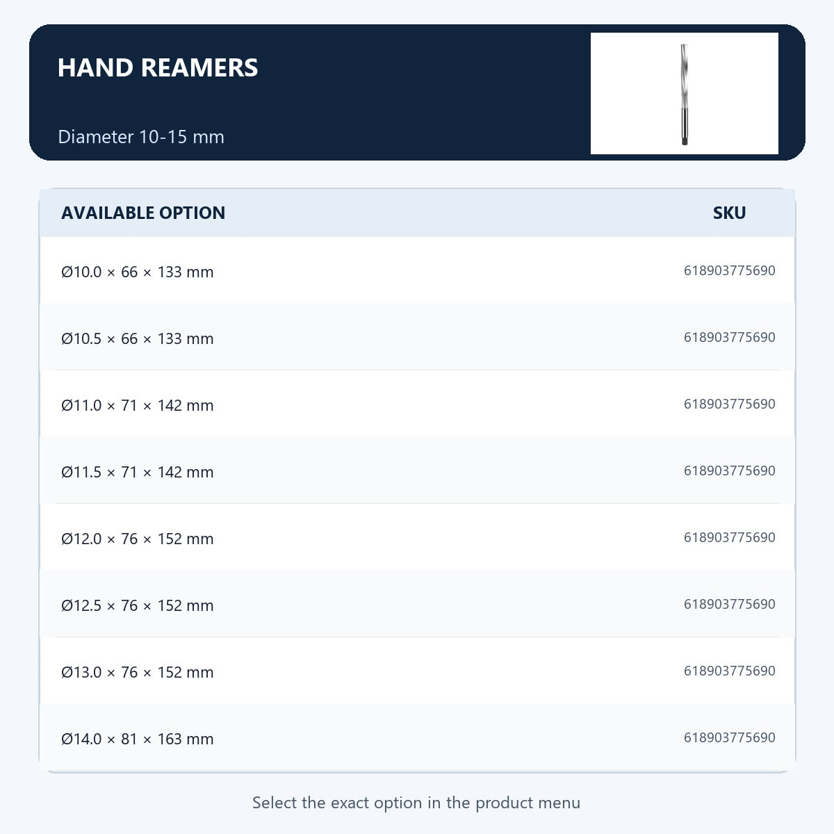 Hand reamers — Diameter 10-15 mm