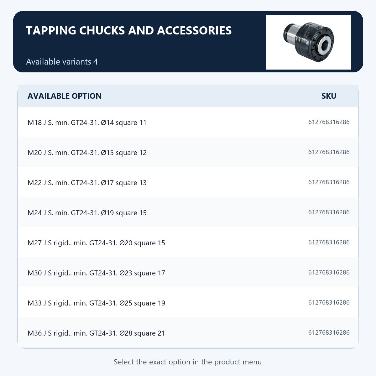 Tapping chucks and accessories — Available variants 4