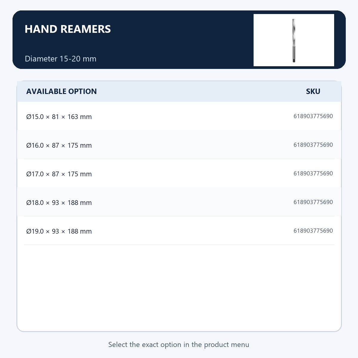 Hand reamers — Diameter 15-20 mm