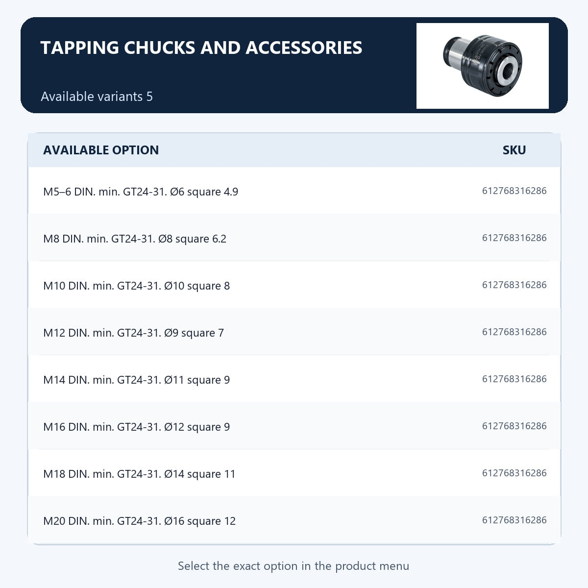 Tapping chucks and accessories — Available variants 5