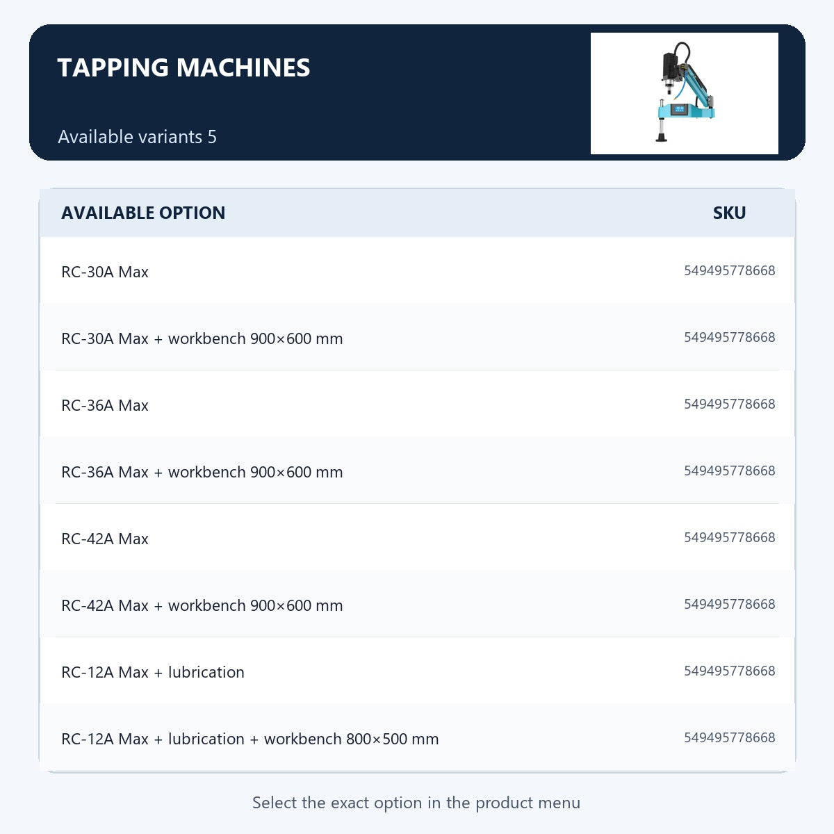 Tapping machines — Available variants 5
