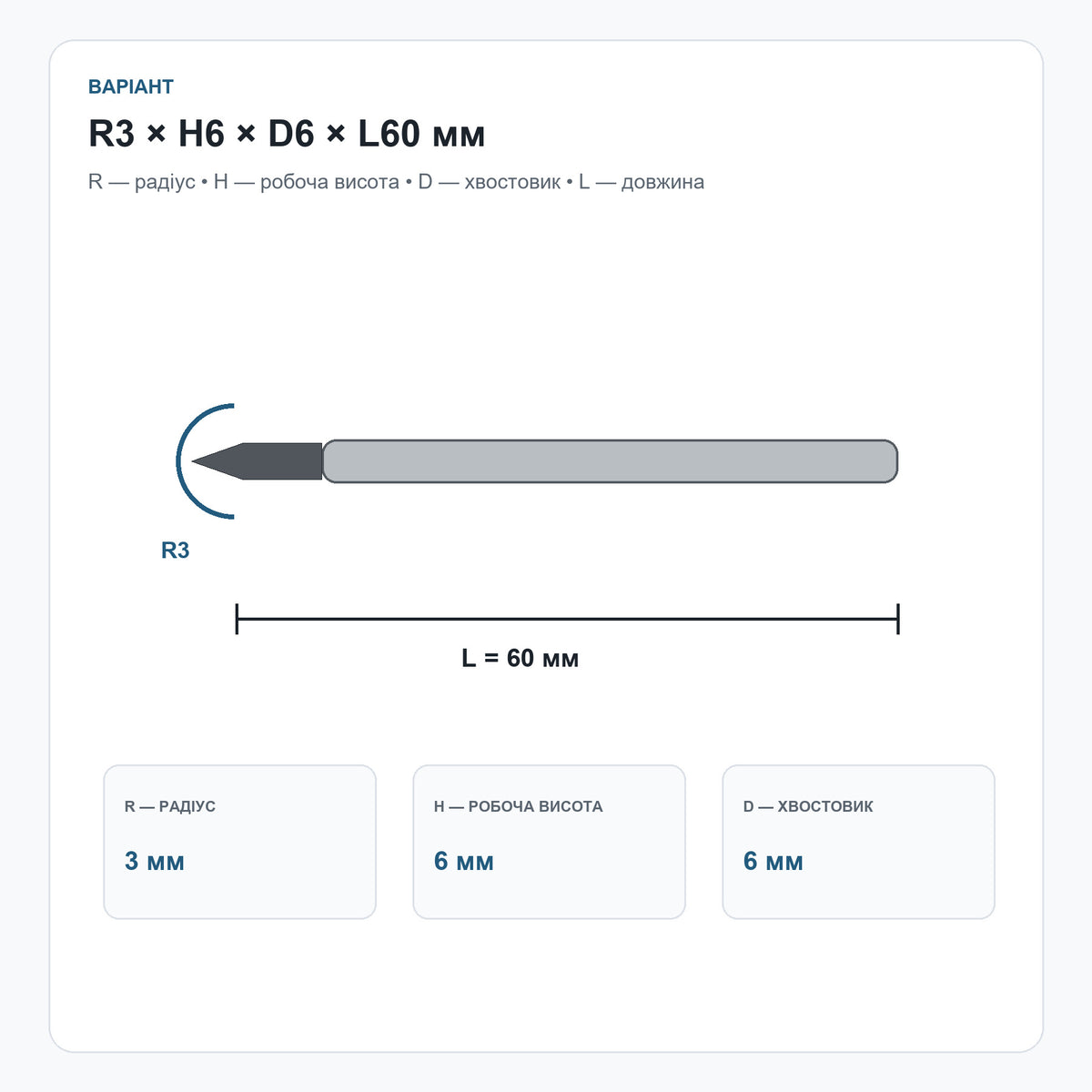 Ball Nose фреза R3 H6 D6 L60 мм