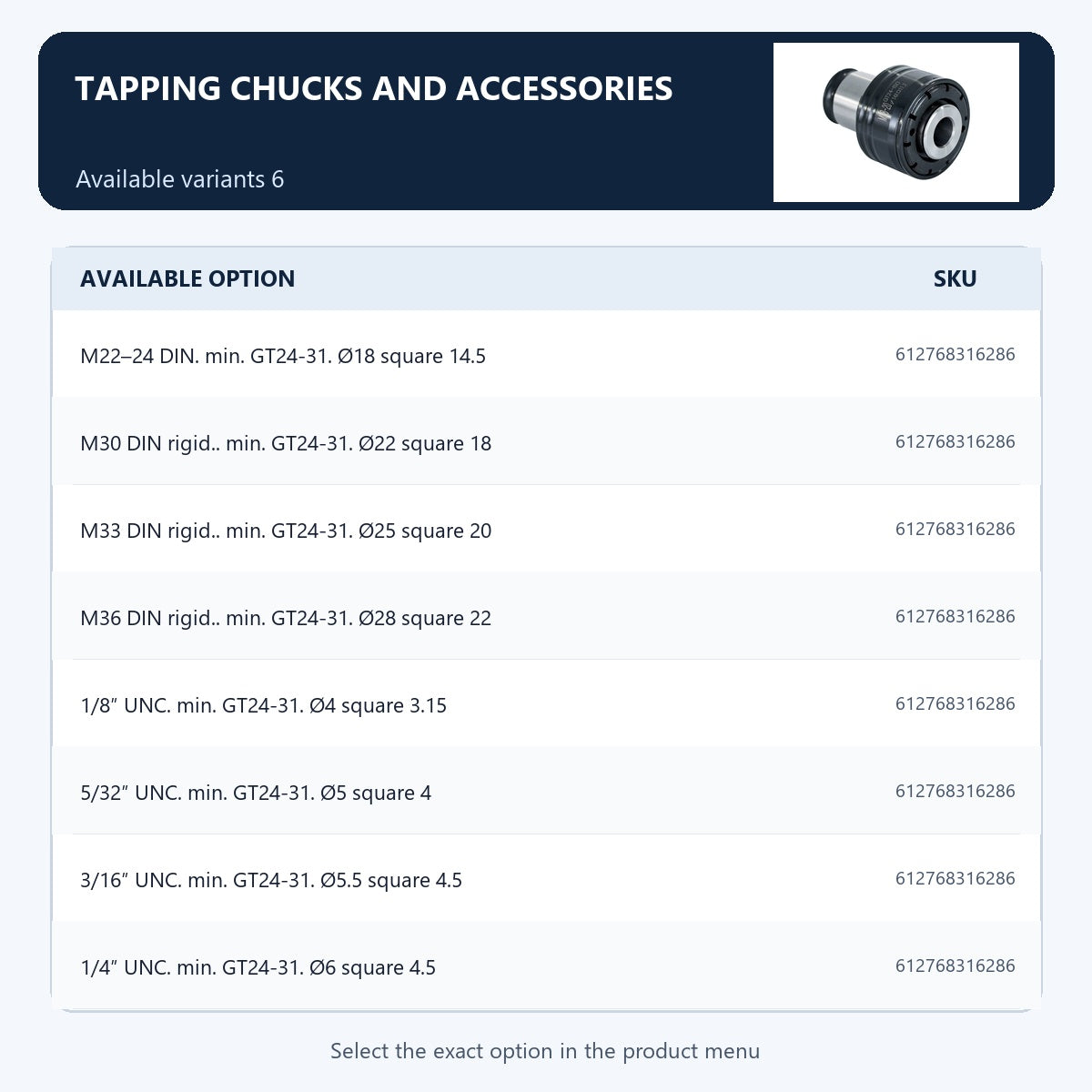 Tapping chucks and accessories — Available variants 6