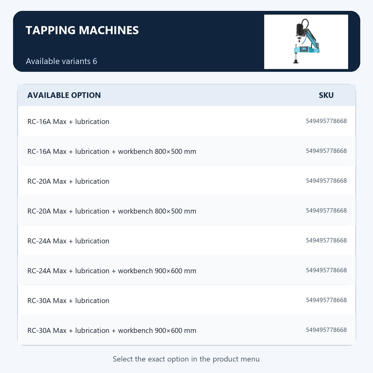 Tapping machines — Available variants 6