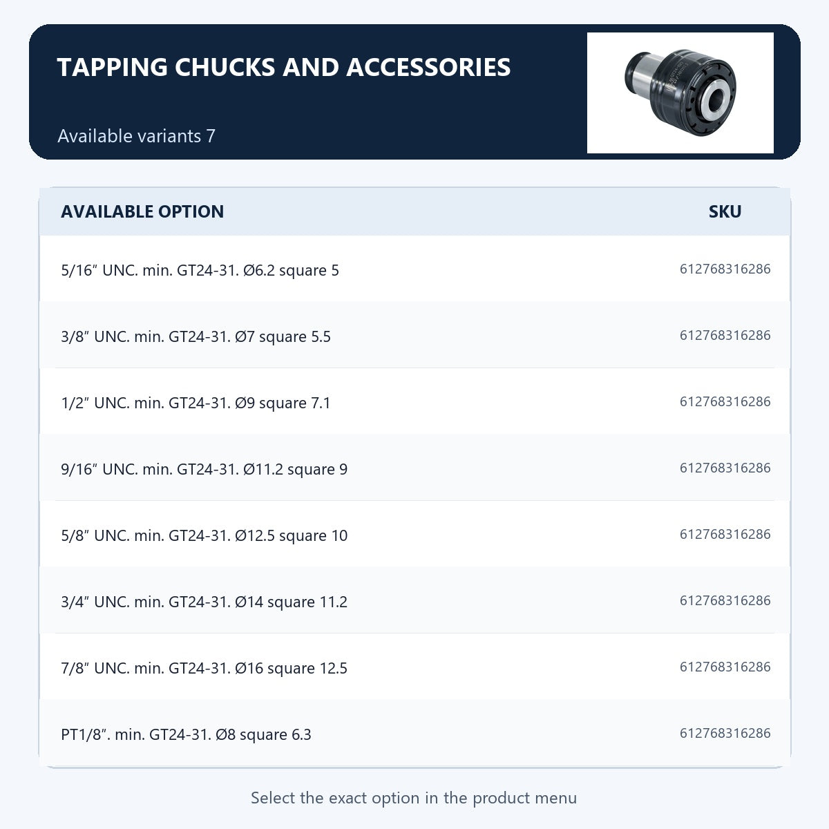 Tapping chucks and accessories — Available variants 7