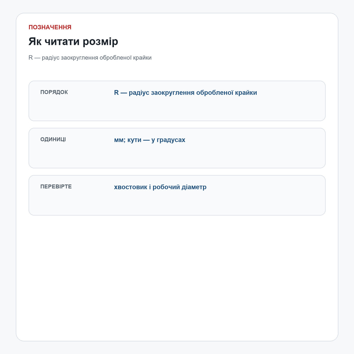 Радіусна фасочна алмазна фреза PCD R3,17–R9,52 мм — позначення
