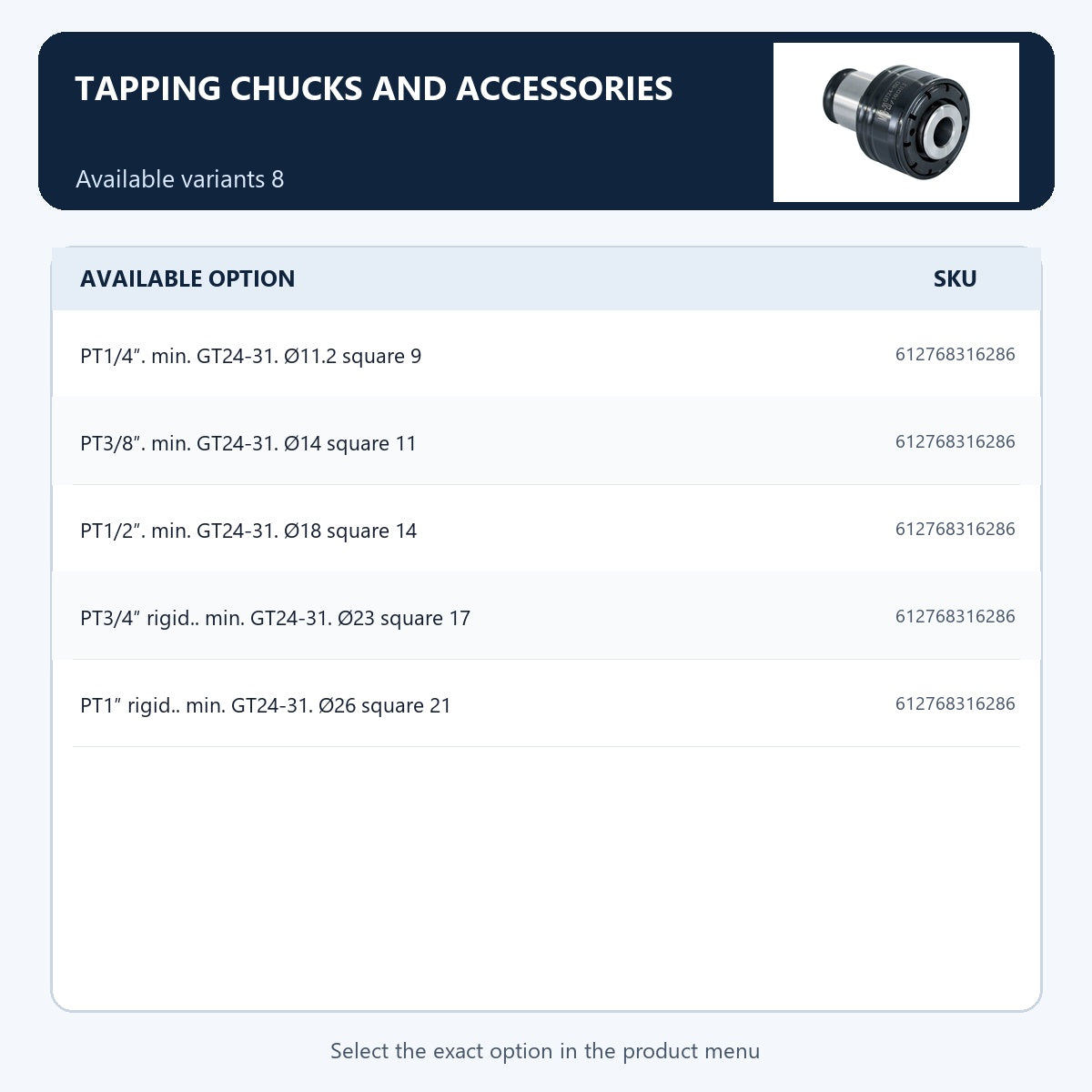 Tapping chucks and accessories — Available variants 8