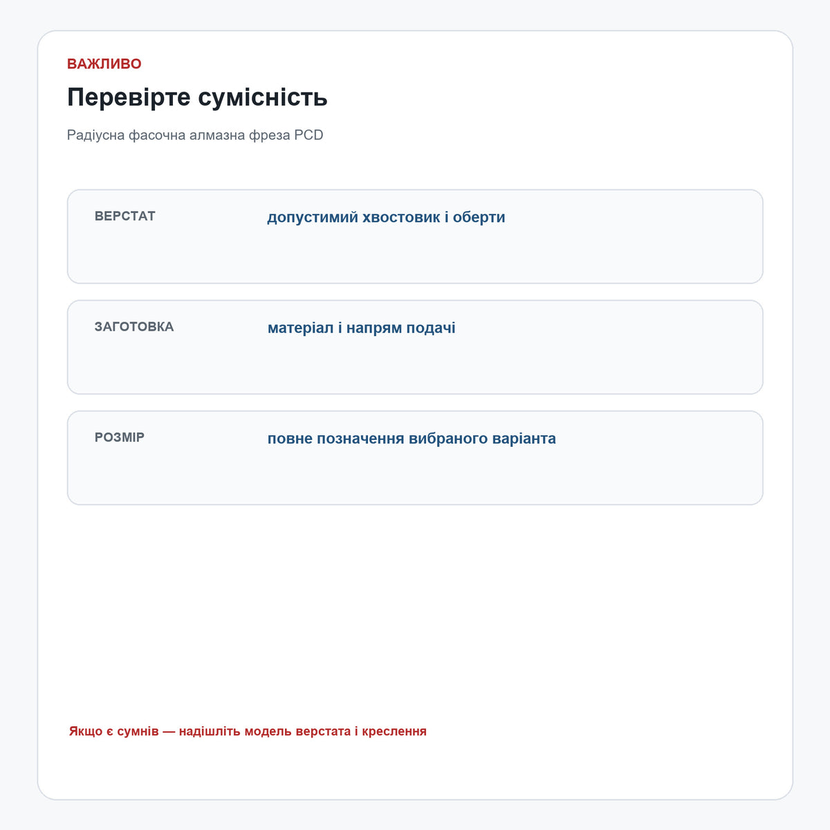 Радіусна фасочна алмазна фреза PCD R3,17–R9,52 мм — сумісність