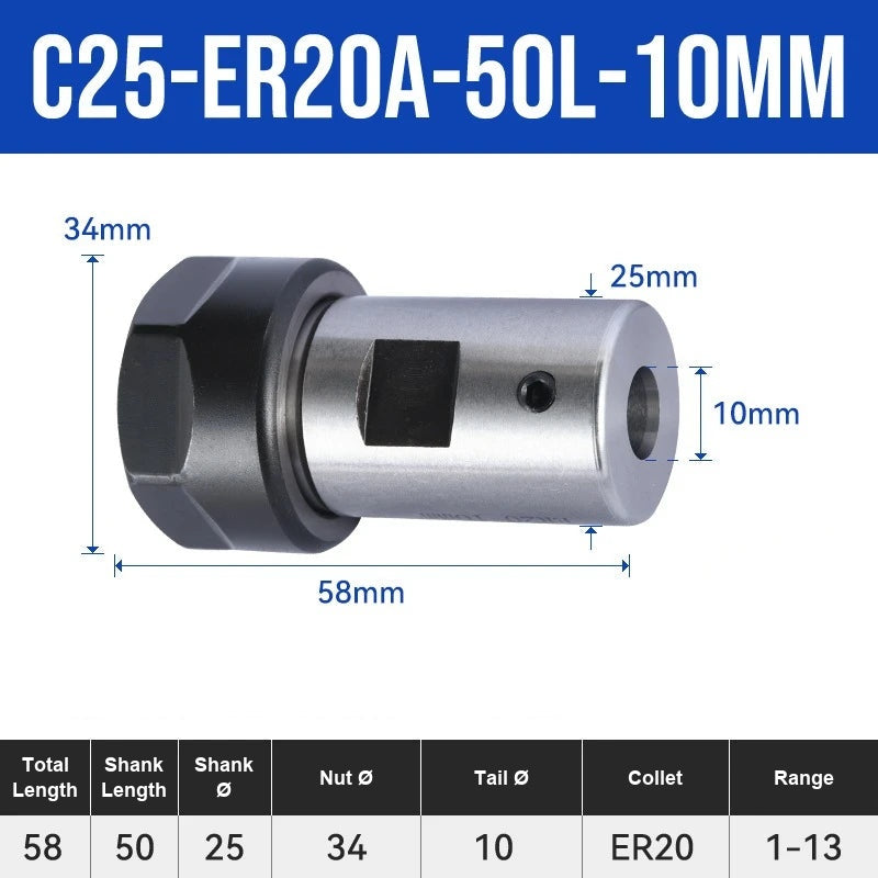 C25-ER20A-50L-10mm ER Chuck Collet Holder