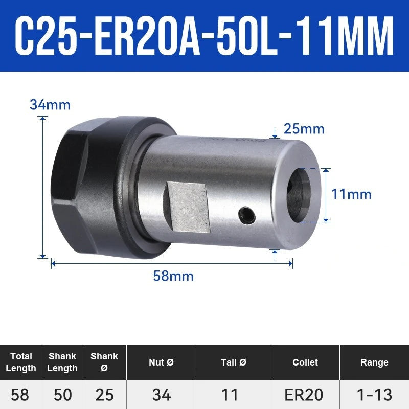 C25-ER20A-50L-11mm ER Chuck Collet Holder