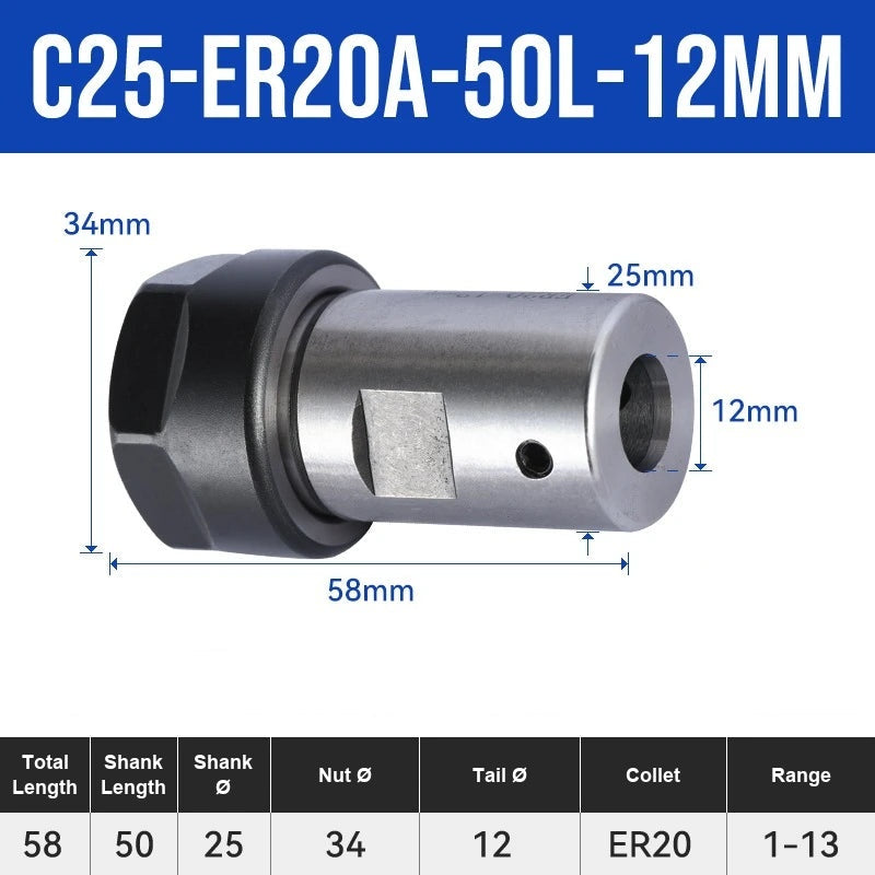 C25-ER20A-50L-12mm ER Chuck Collet Holder