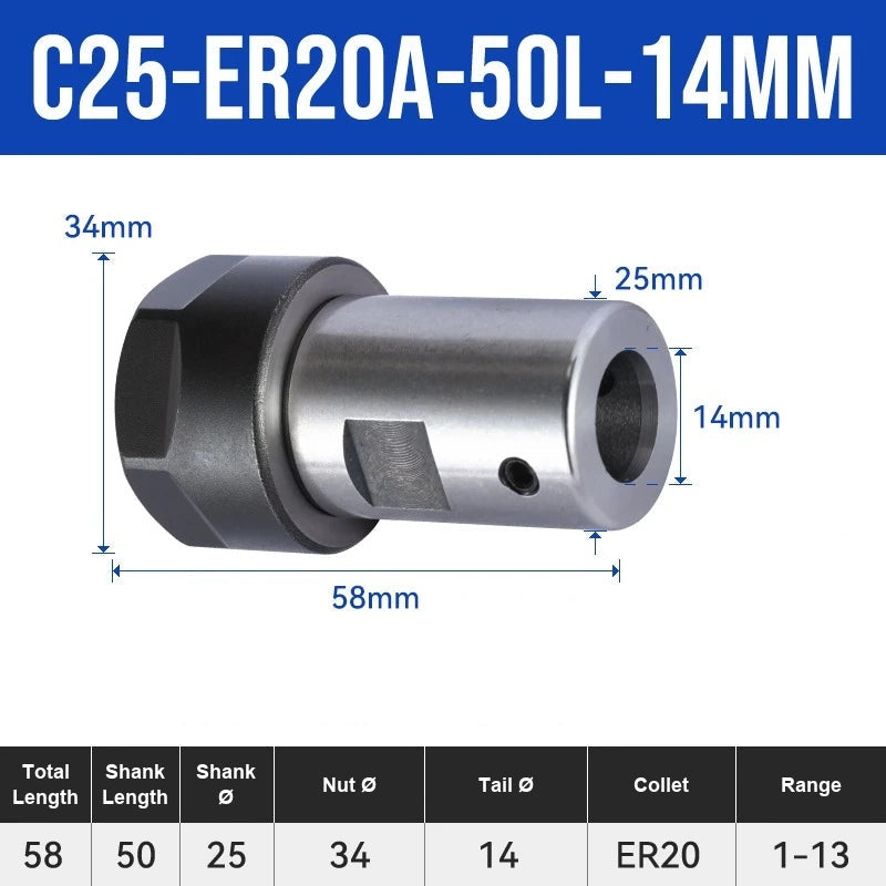 C25-ER20A-50L-14mm ER Chuck Collet Holder