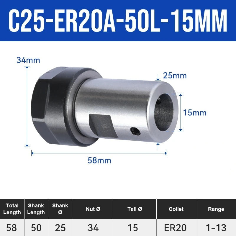 C25-ER20A-50L-15mm ER Chuck Collet Holder