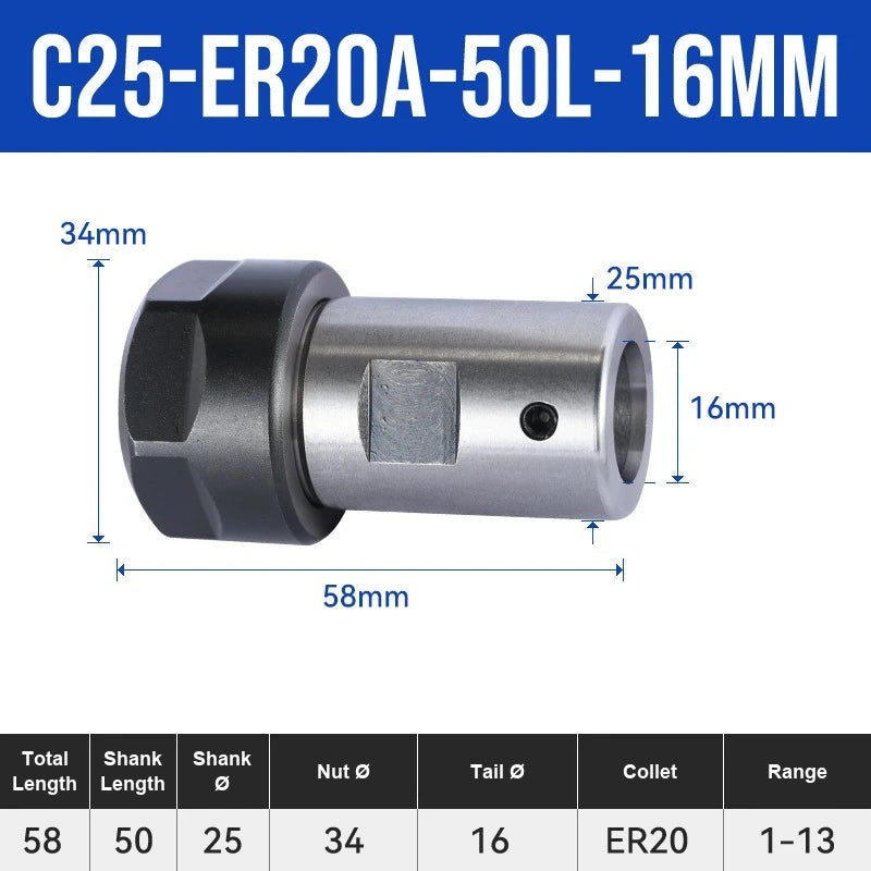 C25-ER20A-50L-16mm ER Chuck Collet Holder