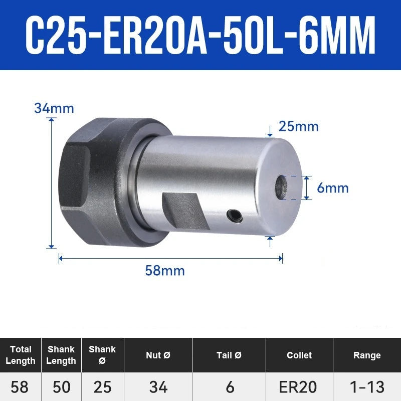 C25-ER20A-50L-6mm ER Chuck Collet Holder