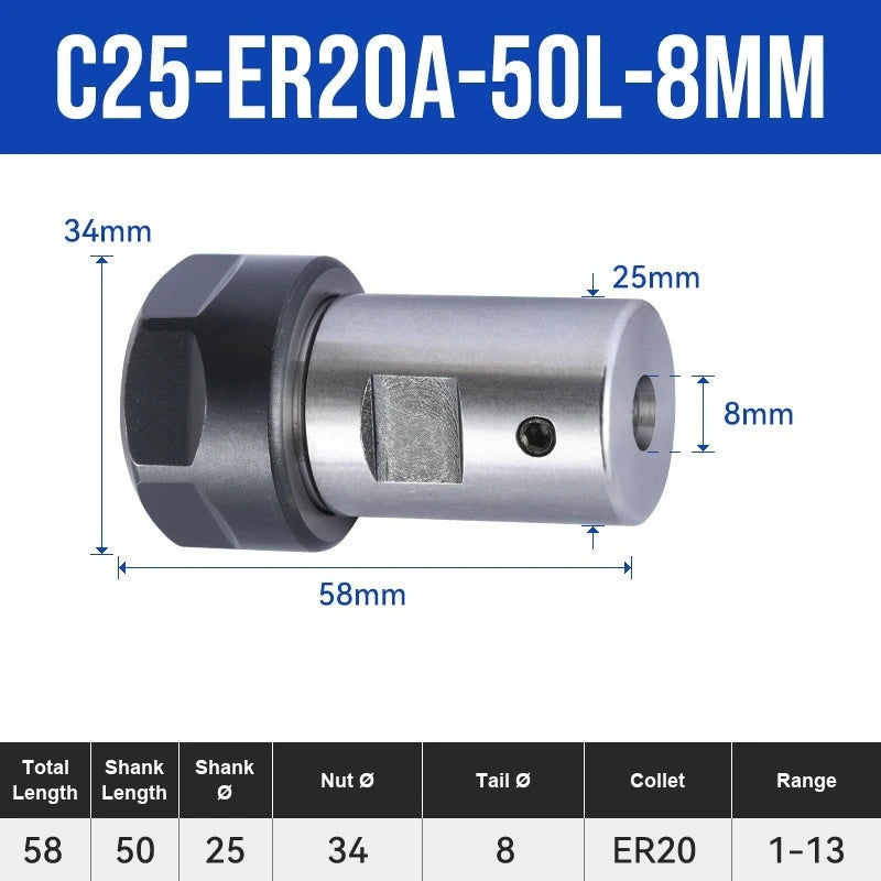 C25-ER20A-50L-8mm ER Chuck Collet Holder