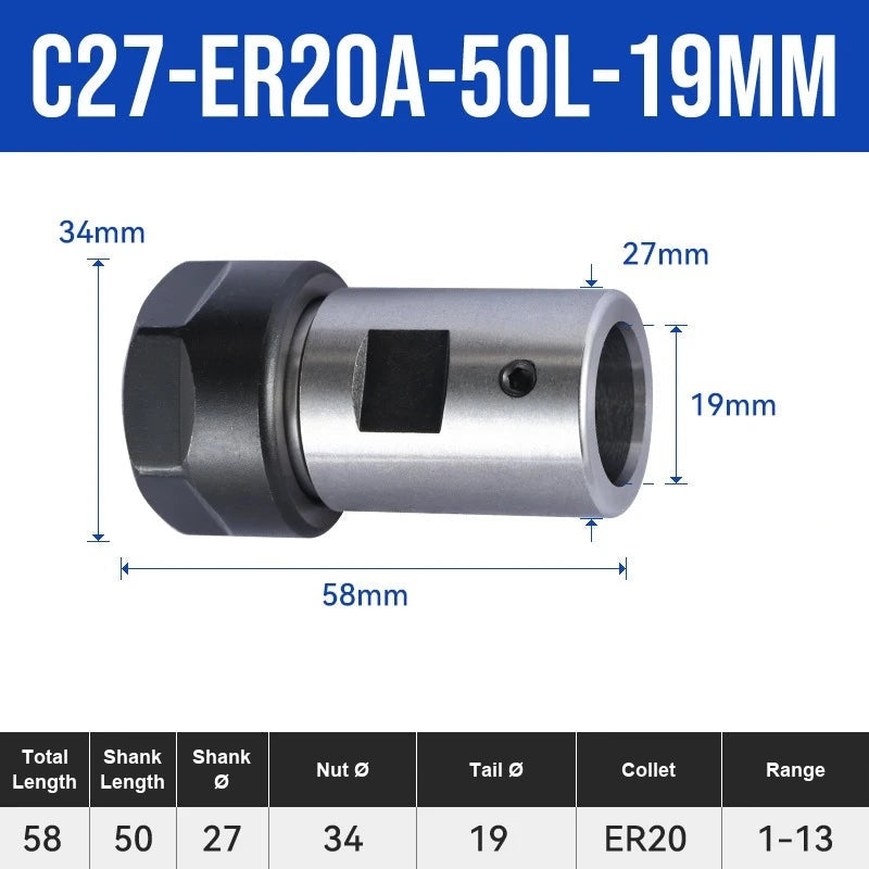 C27-ER20A-50L-19mm ER Chuck Collet Holder