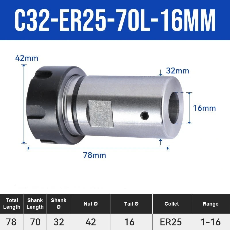 C32-ER25UM-70L-16mm ER Chuck Collet Holder