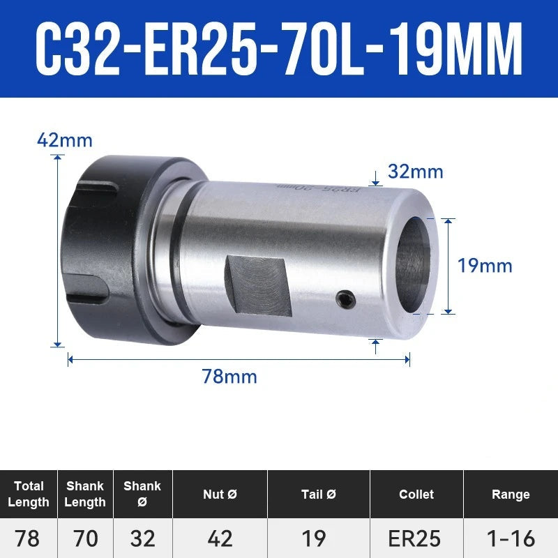 C32-ER25UM-70L-19mm ER Chuck Collet Holder