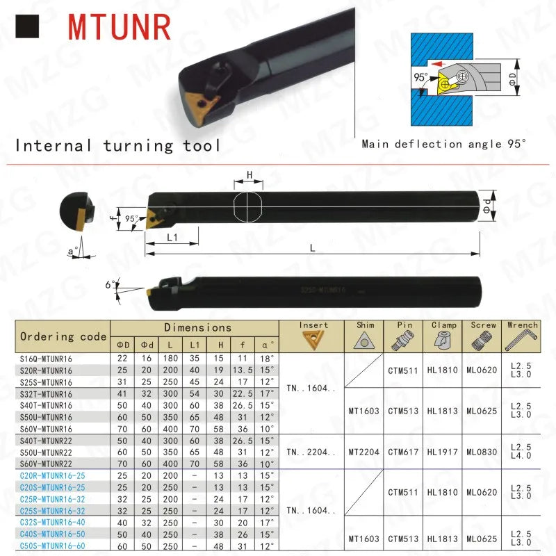 Расточные резцы (державки) S16Q-MTUNR16 для токарного станка CNC, размеры 20мм, 25мм, с треугольными вставками, зажимной тип для внутренней обработки.