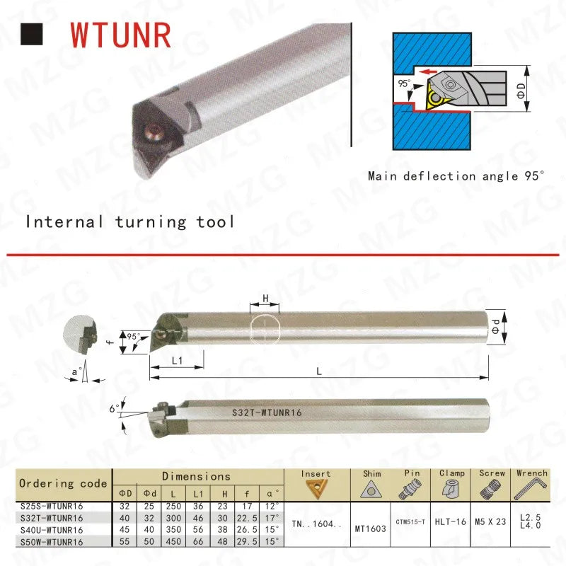 Расточные резцы (державки) S25T-WTUNR16 для токарного станка CNC, размер 25мм, с зажимной пластиной, для внутренней обработки, зажимной тип.