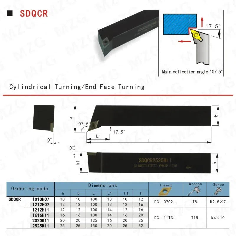 SDQCR1616H11 10mm 12mm 16mm CNC Поворотный держатель инструмента для токарного станка, режущая часть с вставками из твердого сплава, внешний расточной инструмент, зажимной стальной держатель.