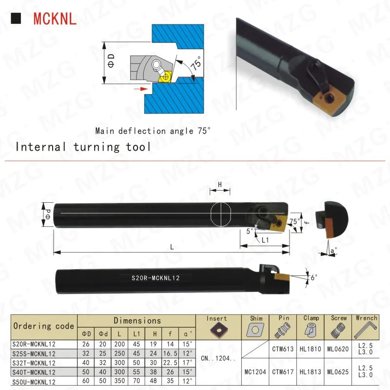 Расточные резцы (державки) MCKNL12 для токарного станка CNC, размеры 20мм, 25мм, для внутренней обработки отверстий, зажимной тип.