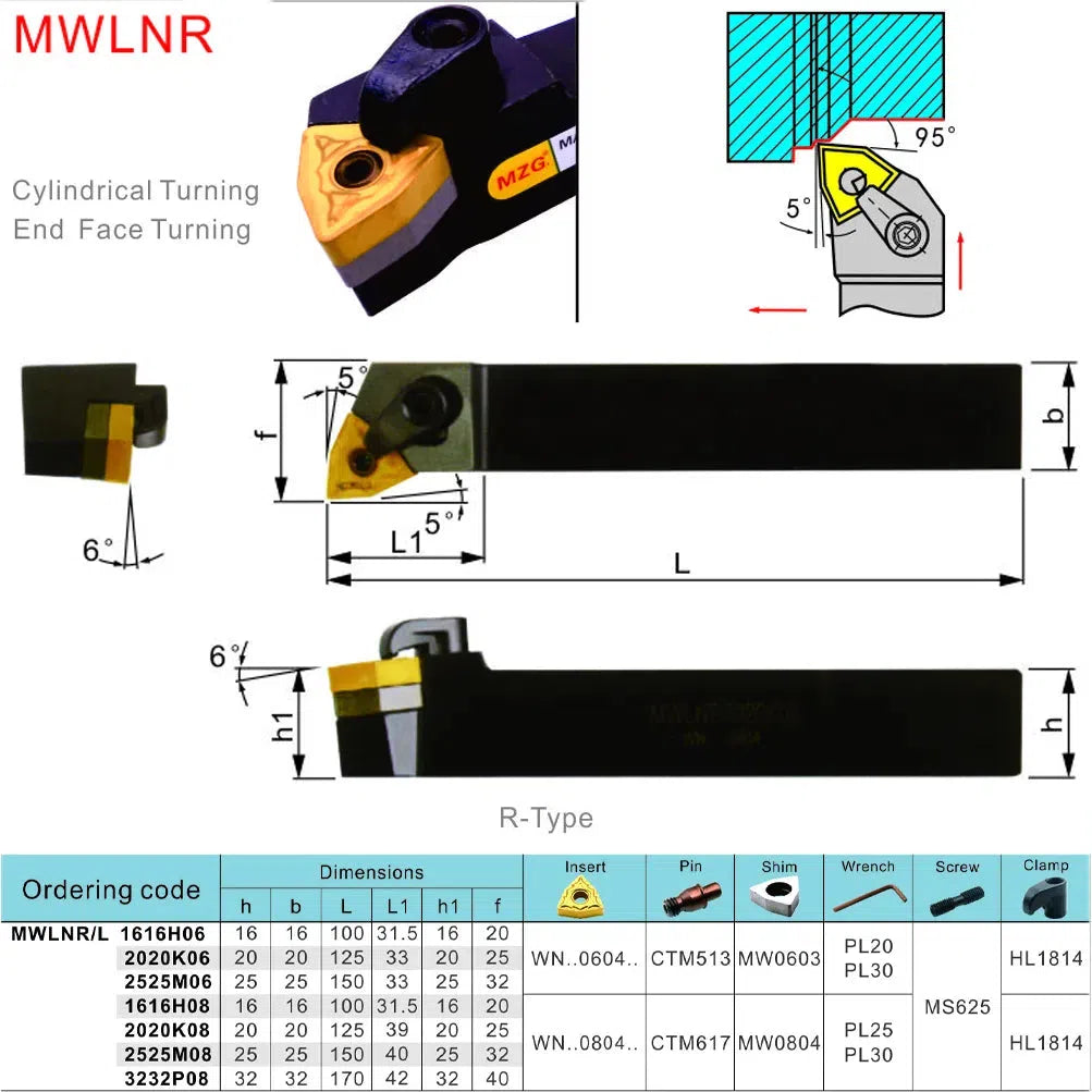 MWLNR Расточной металлорежущий резец 25mm 32mm 20mm, пластины из твердого сплава, внешний поворотный держатель инструмента, токарный резец CNC.