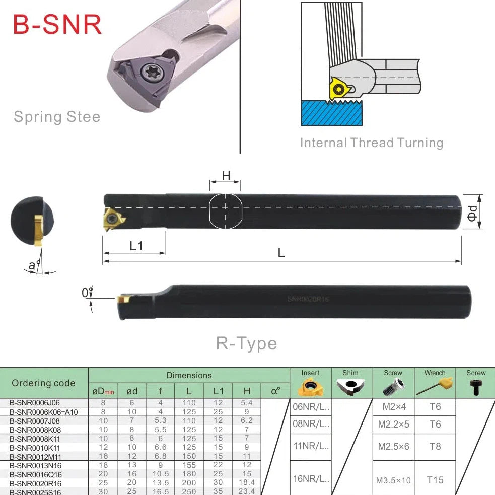 Держатель инструмента B-SNR из пружинной стали, размеры 10, 12, 16, 20 мм, для токарного станка с ЧПУ, внутренние инструменты для резьбы