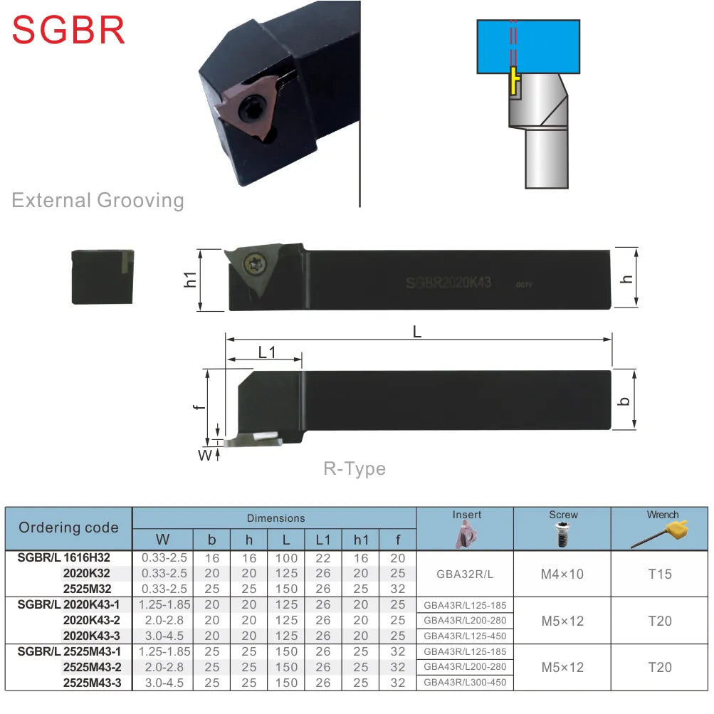 SGBR 16 20 25 мм Держатели инструментов для канавочной обработки, CNC Резец для разделения и канавки с вставками GBA.