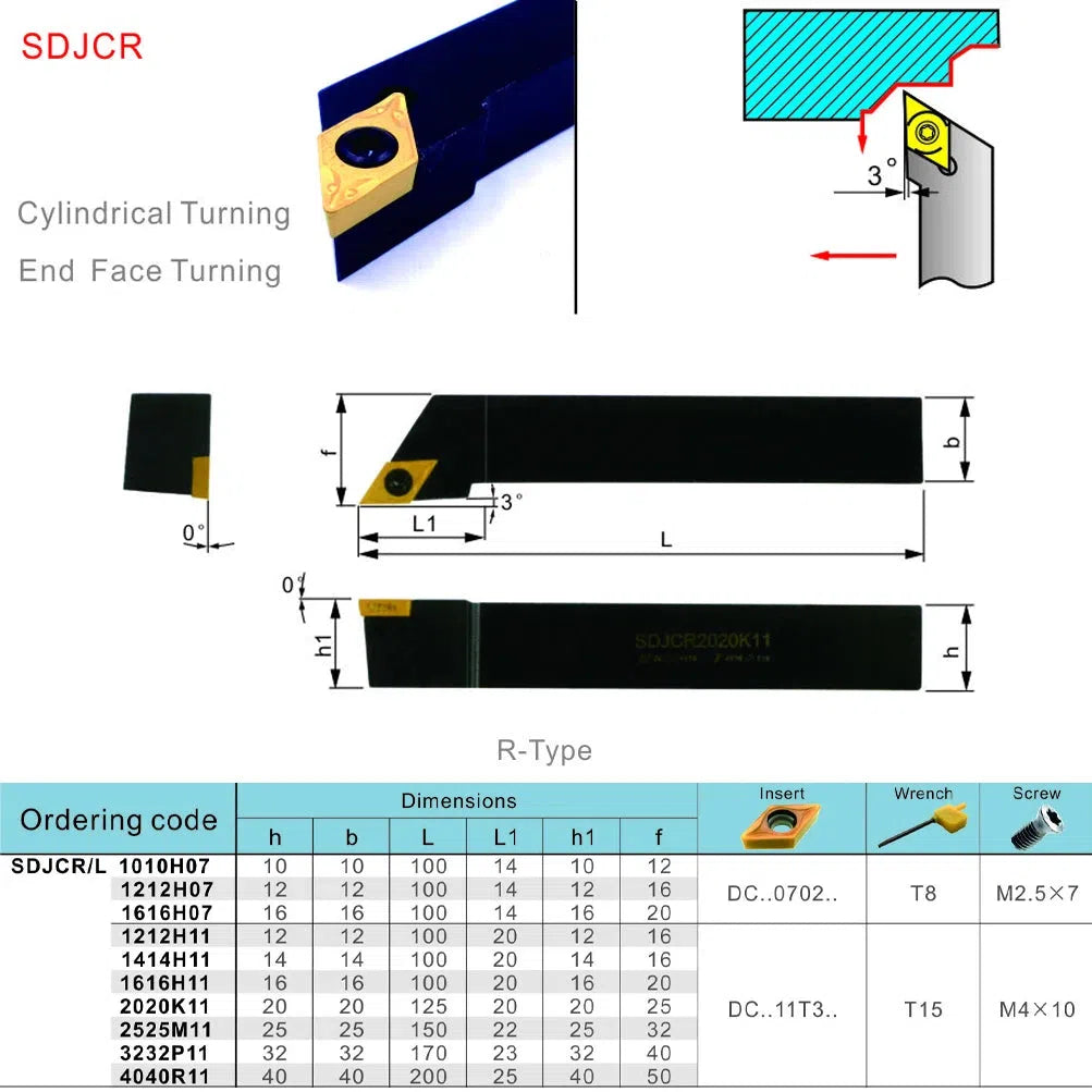 12mm 16mm 20mm SDJCR1010H07 Поворотный держатель инструмента для токарного станка, режущая часть с вставкой из твердого сплава для внешней расточки, зажимной стальной держатель.