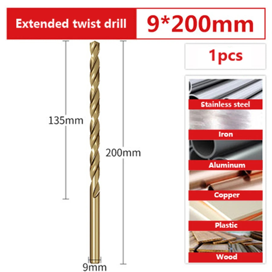 Удлиненное кобальтовое сверло M35, 200мм, для металла, дерева, нержавеющей стали, глубокого сверления, размеры 2.5-10мм.
