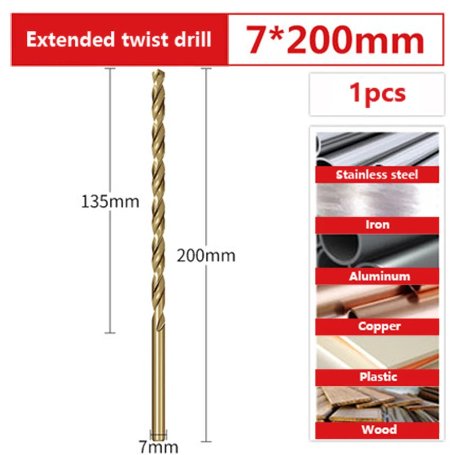 Удлиненное кобальтовое сверло M35, 200мм, для металла, дерева, нержавеющей стали, глубокого сверления, размеры 2.5-10мм.